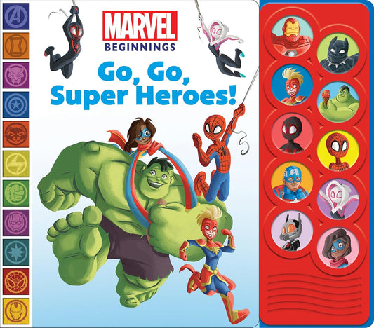 Marvel Beginnings Spider-man, Hulk, Capatian Marvel and More! - Go, Go, Super Heroes! 10-Button Sound Book